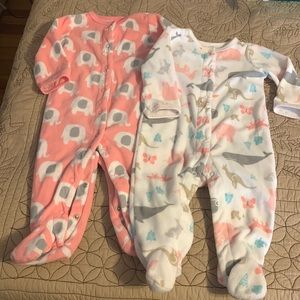 2 Carter’s fleece footie pajamas 6M- pink with gray/white elephant, white animal